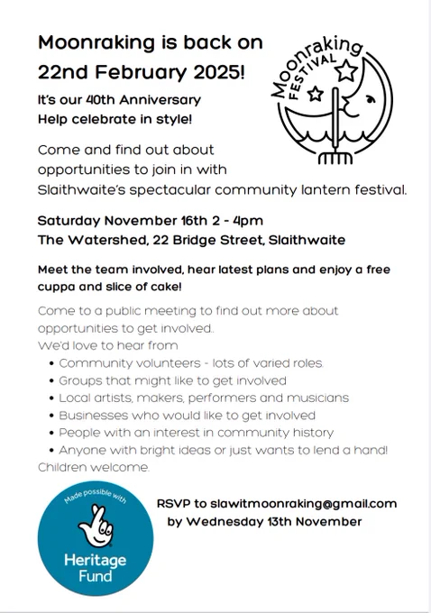 A logo of a moon with a rake, some stars and the words  Moonraking Festival next to text about an event with a blue logo for the Heritage Fund 