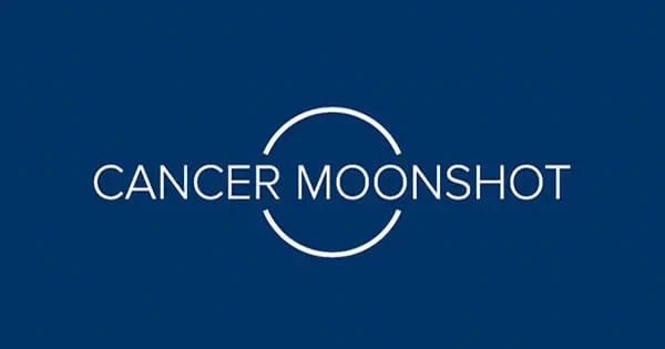 A blue background with white text reads, "Cancer Moonshot."