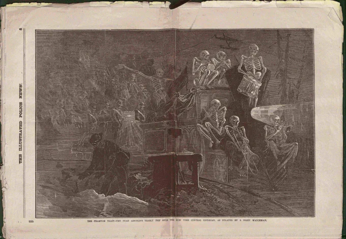 black and white newspaper sketch of a train with a coffin and skeletons and ghostly images of President Lincoln's funeral processionin background. Caption reads "The Phantom Train - The Dead Lincoln's Yearly Trip Over the New York Central Railroad as Related by a Night Watchman"