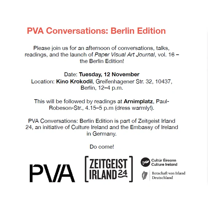 Image description: A flyer advertising Paper Visual Art's upcoming event as part of Zeitgeist Irland 24, PVA Conversations: Berlin Edition.
