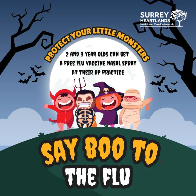 Graphic displaying cartoon Halloween figures including a devil and a witch with the words say boo to the flu!