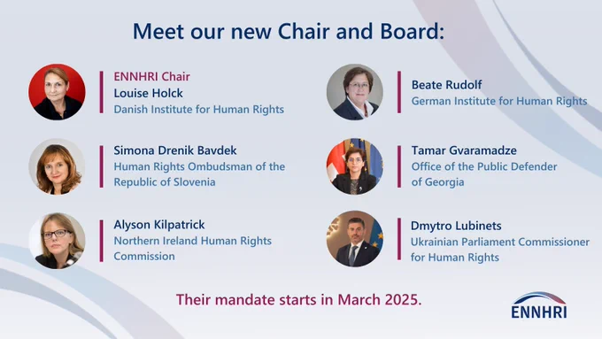 Image outlining the new ENNHRI Chair and Board Members elected at ENNHRI's General Assembly in Brussels today