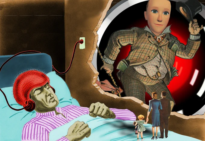 A man lying in a hospital bed, wearing a sinister mind-control helmet. His hands are clenched into fists and he is grimacing. Through a hole in the wall we see a prancing vaudevallian, whose head has been replaced with the head of Mark Zuckerberg's Metaverse avatar. Behind this figure is the giant red eye of HAL9000 from Stanley Kubrick's '2001: A Space Odyssey.' At the end of the bed stand a trio - Mom, Dad and daughter - in Sunday best clothes, their backs to us, staring at the mind-controlled man's face.

Image:
Cryteria (modified)
https://commons.wikimedia.org/wiki/File:HAL9000.svg

CC BY 3.0
https://creativecommons.org/licenses/by/3.0/deed.en
