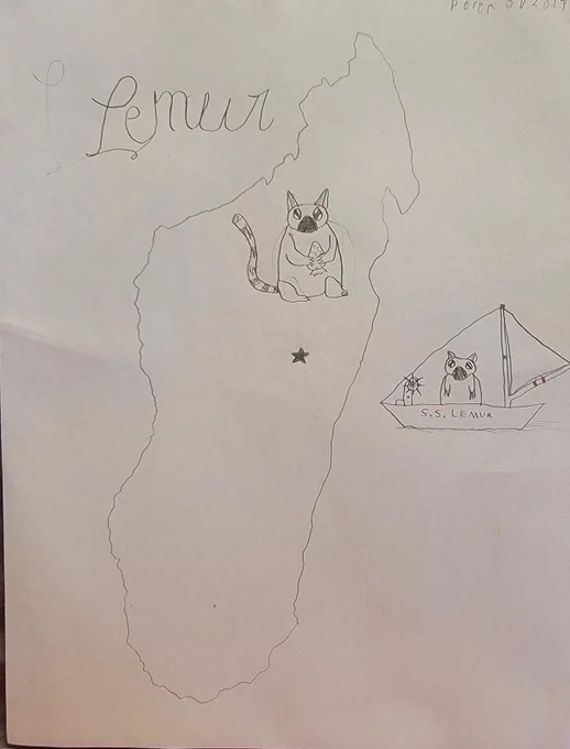 A line drawing of Madagascar, a ring-tailed lemur, and a ring-tailed lemur riding a boat called the s.s. lemur.