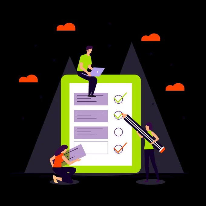 (vector art) A life-sized checklist with three vector people working together to check items off.
