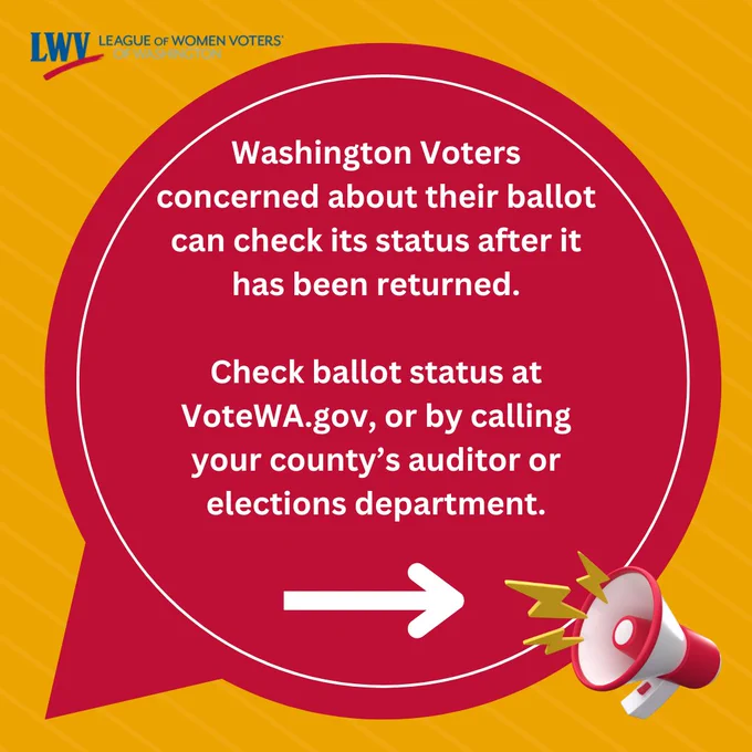 Image text reads: "Washington voters concerned about their ballot can check its status after it has been returned. Check ballot status at VoteWA.gov, or by calling your county's auditor or elections department."