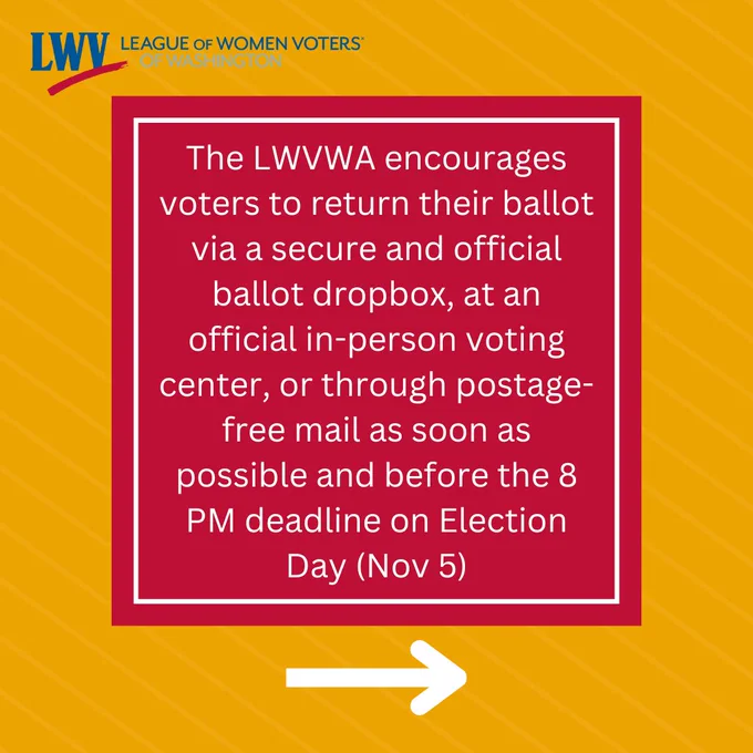 "The LWVWA encourages voters to return their ballot via a secure and official ballot dropbox, at an official in-person voting center, or through postage-free mail as soon as possible and before the 8 PM deadline on Election Day (Nov 5)."
