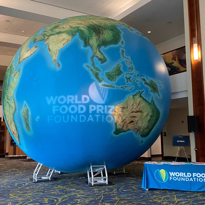 a large globe with the words "World Food Prize Foundation" written across it