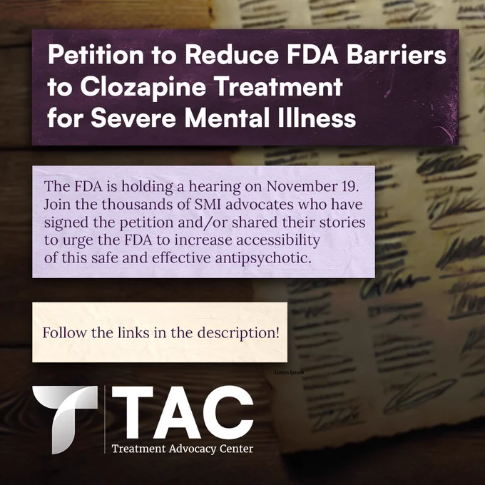 Text boxes on top of a page filled with signatures describing a petition to reduce FDA barriers to clozapine treatment for severe mental illness. The links are in the description. 