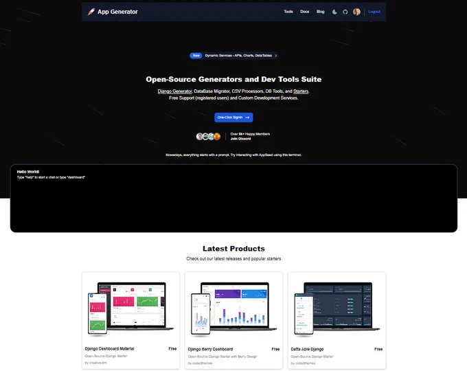 Open-Source Generators and Dev Tools Suite - Django Generator, DataBase Migrator, CSV Processors, DB Tools, and Starters.

Free Support (registered users) and Custom Development Services.