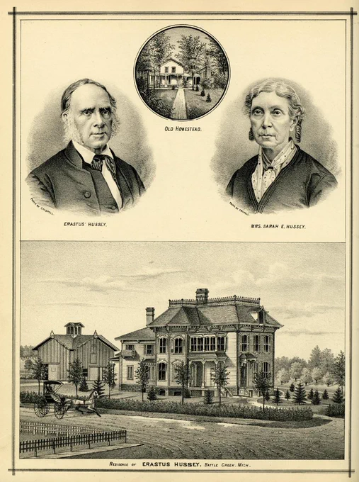 Portrait photos of the Husseys along with illustrations of their homes.
