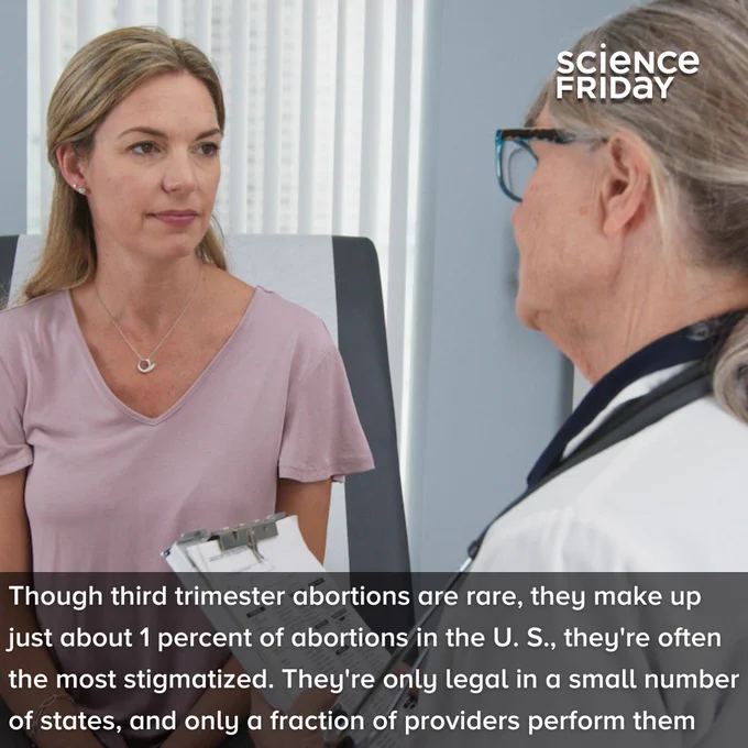 Over the shoulder shot of woman talking to her primary care doctor in exam room. Middle aged patient having appointment with female senior physician. Text says: Though third trimester abortions are rare, they make up just about 1 percent of abortions in the U. S., they're often the most stigmatized. They're only legal in a small number of states, and only a fraction of providers perform them