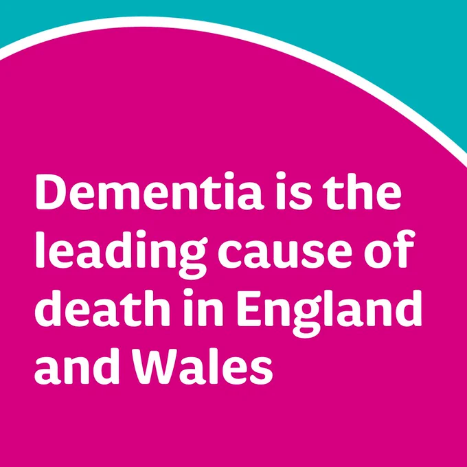 Pink and turquoise background with a white line separating the two. White text reads: 'Dementia is the leading cause of death in England and Wales'.