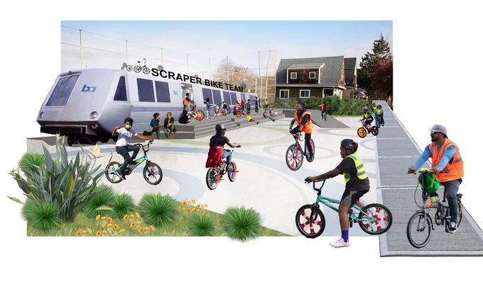 A rendering of a legacy BART car that has been converted into a bike shop. Youth of color are riding customized bikes in the plaza around the train, and a neighborhood can be seen next door.