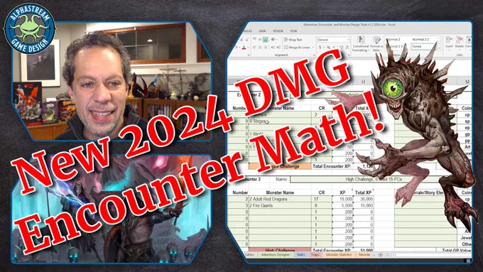 Teos reviews encounter math in a spreadsheet, while an image of a Nothic looks on.
