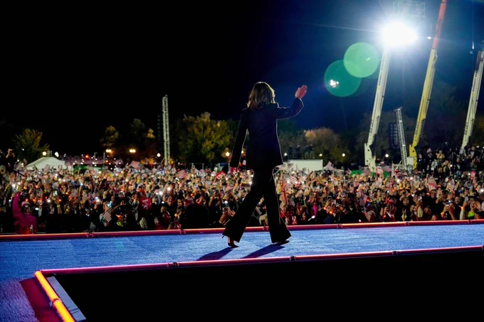 Vice President Harris on stage during a campaign event in Washington D.C.