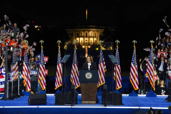 Vice President Harris on stage during a campaign event in Washington D.C.