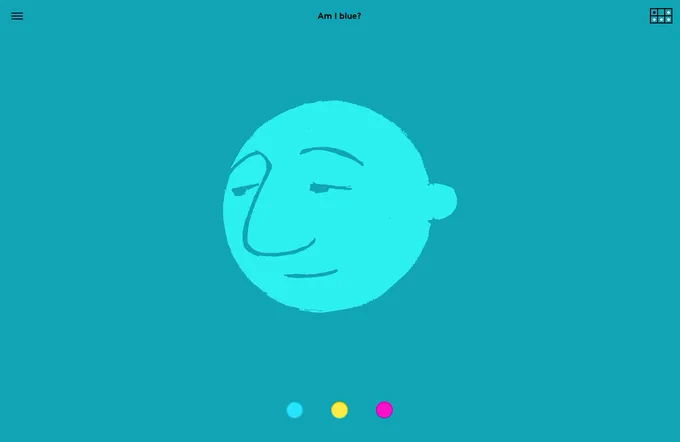 A  blue head on an aquamarine blue background with a blue, a yellow, and a magenta dot to add some of those colors