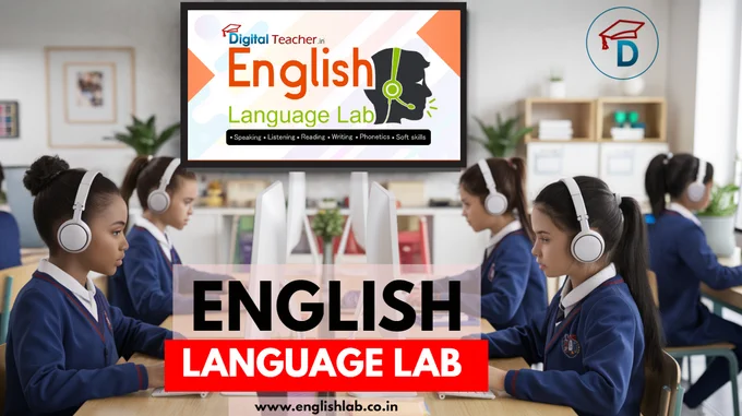 Students using computers with headphones in an English language lab classroom setup, highlighting digital learning tools for speaking, listening, reading, and writing skills development. Display screen reads Digital Teacher English Language Lab.