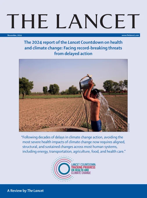 Cover of the 2024 report of The Lancet Countdown on health and climate change: Facing record-breaking threats from delayed action. 

The cover image: A young person pours a bucket of water over himself too cool off in a field.

The cover quote: "Following decades of delays in climate change action, avoiding the most severe impacts of climate change now requires aligned, structural, and sustained changes across most human systems, including energy, transportation, agriculture, food, and health care."