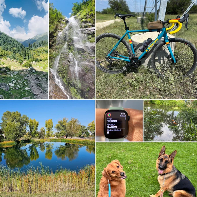 Collage of diverse scenes including a mountain landscape, waterfall, parked bicycle, Apple Watch displaying fitness metrics, a tranquil pond surrounded by trees, and two dogs playing.