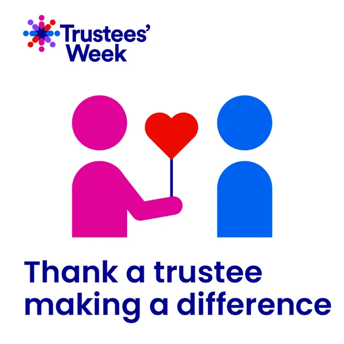 Figure passing a heart shaped red balloon to another, with text reading: Thank a trustee making a difference.