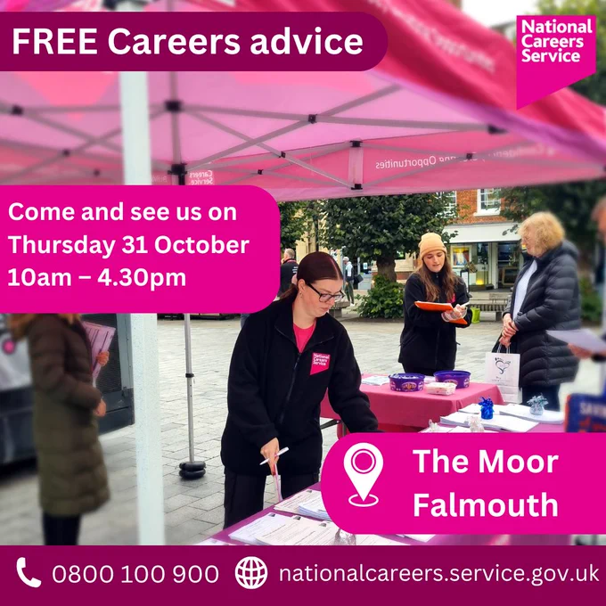 Our National Careers Service advisers will be at The Moor, Falmouth on Thursday 31st October 10am – 4.30pm

To find out more about the National Careers Service check out our website at nationalcareers.service.gov.uk or give us a call on 0800 100 900.
#Falmouth #Cornwall 