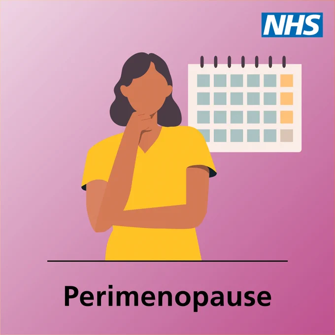 An illustration of a woman next to a calendar. The text reads "Perimenopause" and the NHS logo is in the top right hand corner.