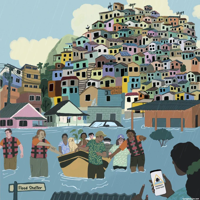Artwork: © Njung'e Wanjiru - C40 Cities.

Illustration of a community affected by flooding with diverse individuals using a boat for transportation. Colourful hilltop houses resemble a favela, and signs direct to a flood shelter. A cell phone displays a flood warning message.