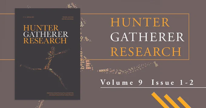 Hunter Gatherer Research journal on a mid brown background with orange stripes and white journal text. 