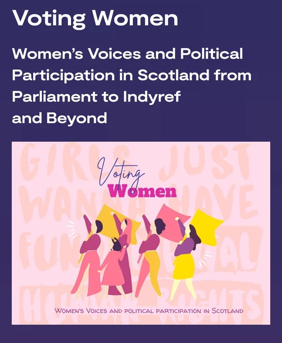 A banner with women raising their fists and waving flags