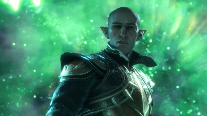 Dragon Age companion/antagonist Solas turns to the camera as a magical green maelstrom erupts behind him.