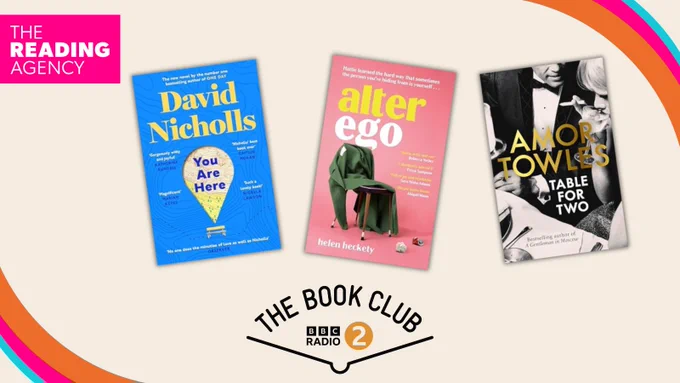 This image features book jackets for the novels You Are Here by David Nicholls, Alter Ego by Helen Heckety and Table for Two by Amor Towles.