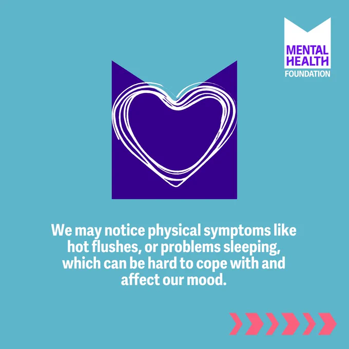 Graphic with text:
We may notice physical symptoms like hot flushes, or problems sleeping, which can be hard to cope with and affect our mood.
