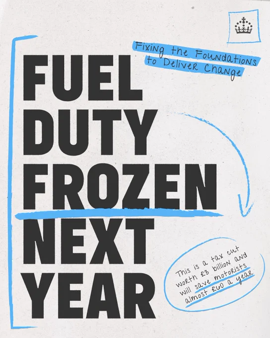 Header: Fuel Duty frozen next year
Subheader: This is a tax cut worth £3bn and will save motorists almost £60 a year - fixing the foundations to deliver change.