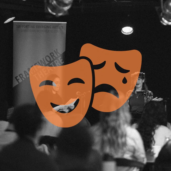 Black and white grainy image from Framework Festival 2024, with the Thalia   Melpomene mask symbol.