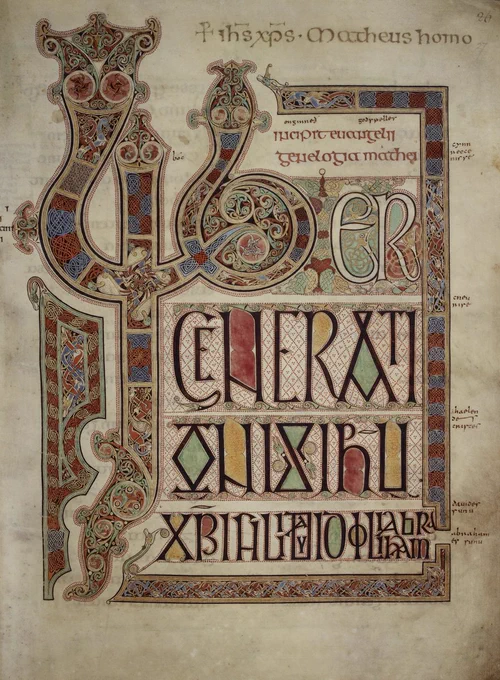 A page from The Lindisfarne Gospels (Cotton MS Nero d iv), showing large text and an illuminated border design.