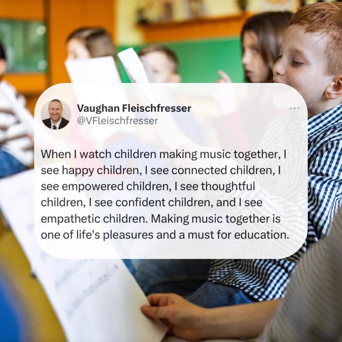 When I watch children making music together, I see happy children, I see connected children, I see empowered children, I see thoughtful children, I see confident children, and I see empathetic children. Making music together is one of life's pleasures and a must for education.