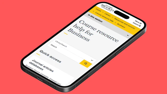 A smartphone is displaying the course resource help page for business, which is part of the Oxford Brookes University library website.