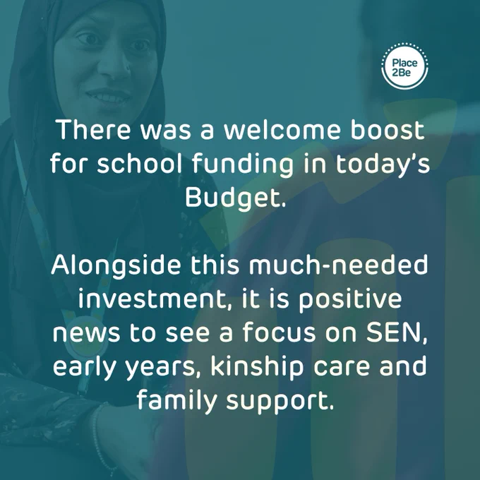 Image featuring a promotional message from Place2Be about their response to the 2024 Budget.