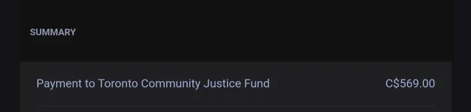 A screenshot of an email that shows a $569 CAD donation to Toronto Community Justice Fund