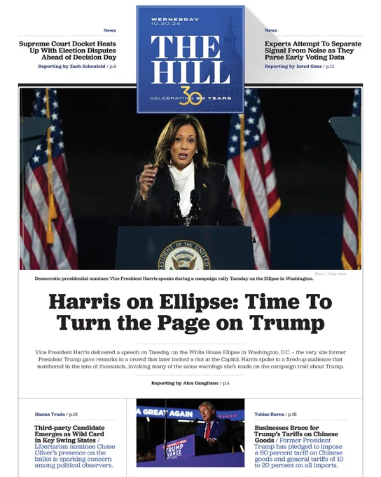 U.S. Vice President Harris speaks at a podium with the U.S. flags in the background during an event with the headline "Harris on Ellipse Time To Turn the Page on Trump", as featured on the front page of The Hill newspaper.