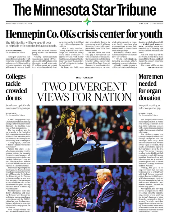 Front page of "The Minnesota Star Tribune" newspaper dated with the headline "TWO DIVERGENT VIEWS FOR NATION" with photos of Vice President Kamala Harris and Donald Trump