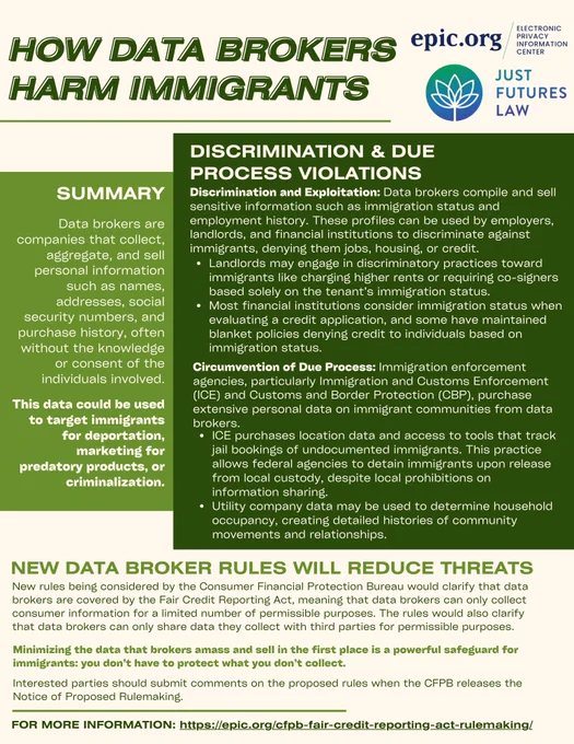 
Data brokers are companies that collect, aggregate, and sell personal information such as names, addresses, social security numbers, and purchase history, often without the knowledge or consent of the individuals involved.

This data could be used to target immigrants for deportation, marketing for predatory products, or criminalization.

Discrimination & Due Process Violations

Discrimination and Exploitation: Data brokers compile and sell sensitive information such as immigration status and employment history. These profiles can be used by employers, landlords, and financial institutions to discriminate against immigrants, denying them jobs, housing, or credit.

Circumvention of Due Process: Immigration enforcement agencies, particularly Immigration and Customs Enforcement (ICE) and Customs and Border Protection (CBP), purchase extensive personal data on immigrant communities from data brokers.
