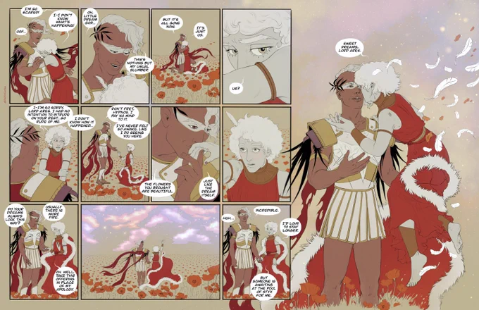 Continuing comic page depicting Hades game characters Hypnos and Ares. Hypnos expresses how scary Ares’ dream feels and shows him a glimpse of his own by turning the sky pretty pastel colors. Ares is in awe, and Hypnos offers him a kiss on the cheek before disappearing into the air.