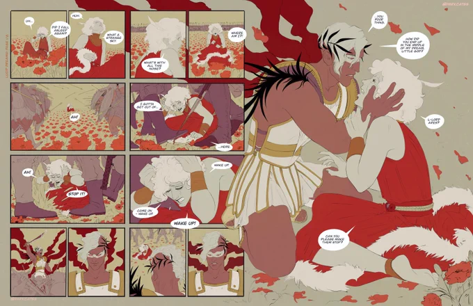 Comic page depicting Hades game character Hypnos waking in a middle of a battle field. He is frightened by his surroundings until Ares, whose dream this is, notices  Hypnos and comforts him by confirming that this is just his imagination.