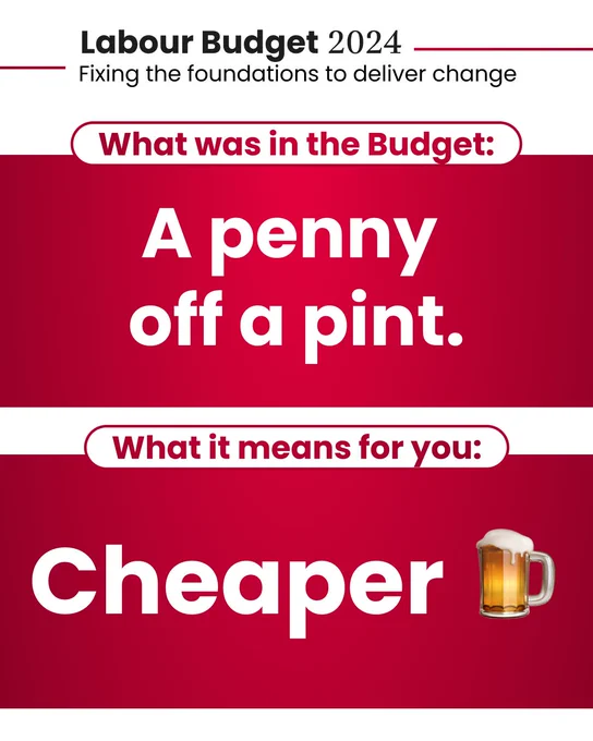 Text: 
Labour Budget 2024
Fixing the foundations to deliver change

What was in the Budget:
A penny off a pint.

What it means for you:
Cheaper [pint emoji]