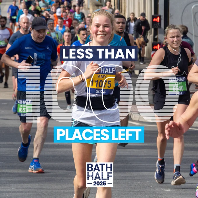 Promotional image for Bath Half 2025, featuring a smiling female participant running with a crowd in the background. Text overlay announces that there are "Less than 1000 places left".