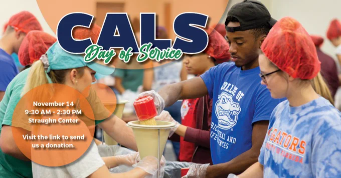 "CALS Day of Service"

"November 14"
"9:30 AM - 2:30 PM"
"Straughn Center"
"Visit the link to send us a donation."

A group of students package meals in the Straughn Center.