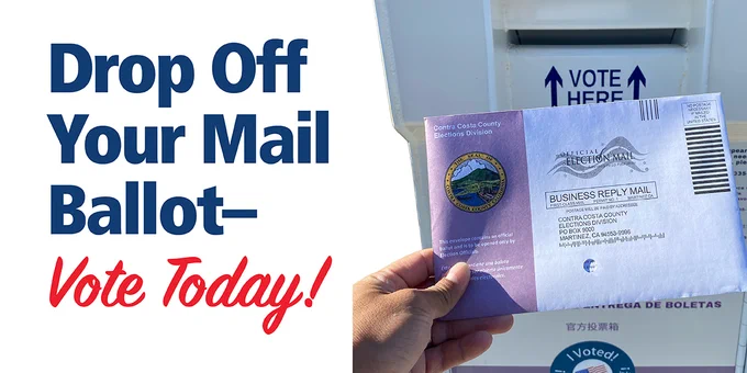a graphic that says, Drop Off Your Mail Ballot- Vote Today. With a photo of someone inserting your ballot into a drop box.